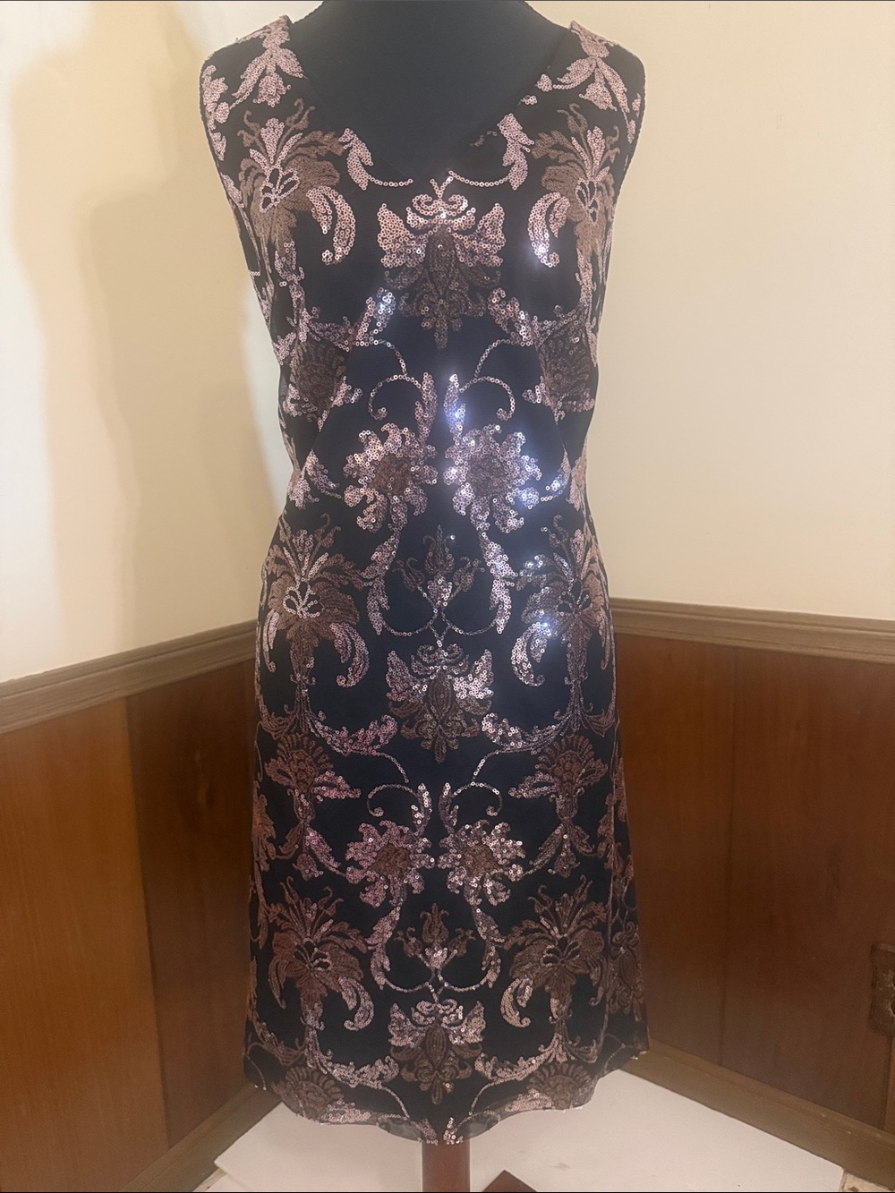 Scarlett Black Midi Dress with Rose Gold Sequin Pattern size 14